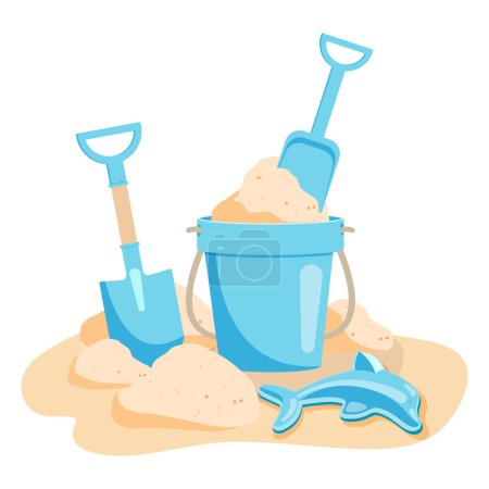 A bucket with sand, shovels and a dolphin toy for creating sand figures. Children's toys for the sandbox, blue. Vector illustration on a white background.