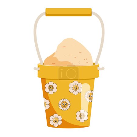 Bucket with sand. Children's sandbox toy in yellow color with drawings of flowers. Isolated vector illustration.
