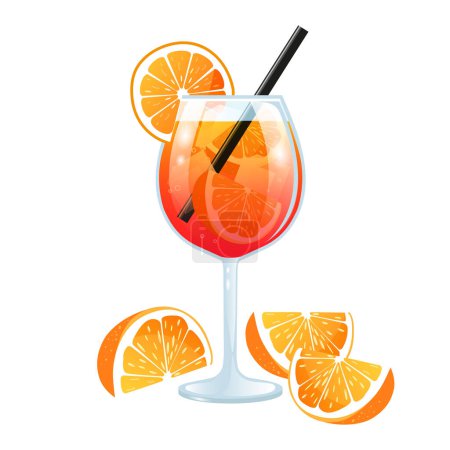 Cóctel Aperol Spritz. Vaso con bebida, paja, cubitos de hielo y rodajas de naranja. Bebida de verano. Limonada con zumo de naranja. Ilustración vectorial.