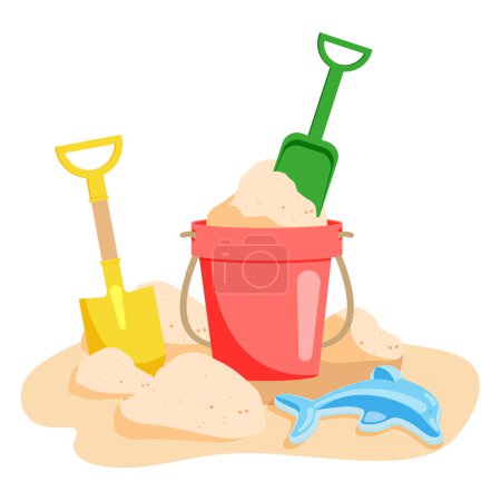 A bucket with sand, shovels and a dolphin toy for creating sand figures. Children's toys for the sandbox. Vector illustration on a white background.
