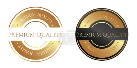 Pegatina, etiqueta, insignia, icono y logotipo para productos de primera calidad. Ilustración vectorial en colores dorado y negro