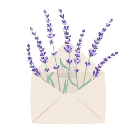 Envelope with lavender flowers. Isolated vector illustration in flat style