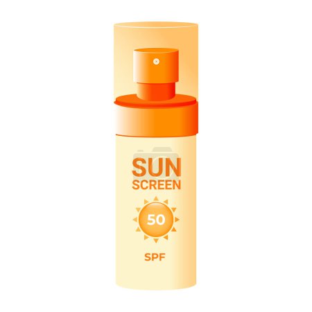 Sunscreen spray. Cosmetic product with SPF for skin care for sun protection. Isolated vector illustration