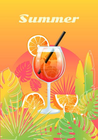Ilustración vectorial de verano con vaso de bebida naranja y hojas tropicales sobre fondo de degradado colorido para tarjeta, pancarta, póster