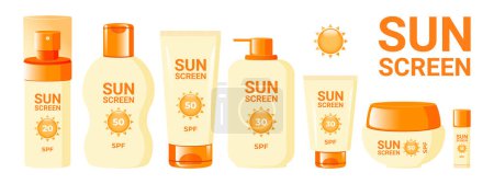 Téléchargez les illustrations : Set de produits cosmétiques écran solaire avec FPS pour les soins de la peau pour la protection solaire. Illustration vectorielle - en licence libre de droit