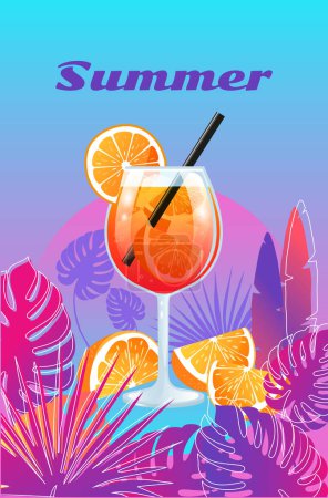 Cóctel Aperol Spritz. Ilustración vectorial de verano con vaso de bebida naranja, hojas tropicales sobre fondo de degradado colorido para tarjeta, pancarta, póster.