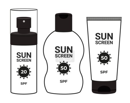 Téléchargez les illustrations : Ensemble de produits cosmétiques écran solaire avec FPS pour les soins de la peau. Illustration vectorielle isolée en noir et blanc - en licence libre de droit