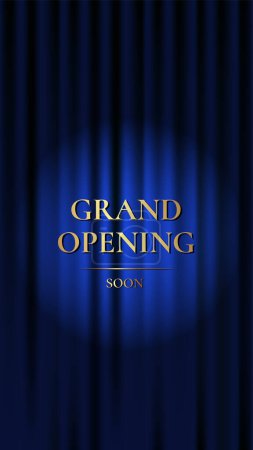 Ilustración de Gran inauguración. Banner vertical de lujo con cortina azul y texto dorado. Ilustración vectorial - Imagen libre de derechos