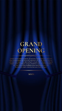 Ilustración de Gran inauguración. Banner vertical de lujo con cortina azul y texto dorado. Ilustración vectorial - Imagen libre de derechos