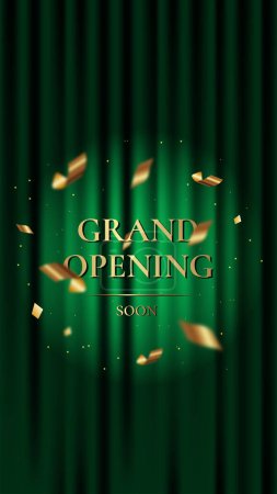 Ilustración de Gran inauguración. Banner vertical de lujo con cortina verde y texto dorado. Ilustración vectorial - Imagen libre de derechos