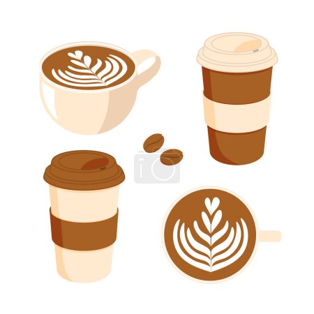A set of coffee and coffee bean cups and paper cups. Vector illustration isolated on white background