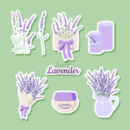 Lavender sticker set. Bouquet, branches, envelope, candles, flowers, cosmetics. Vector illustration