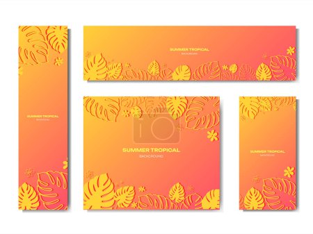 Ilustración de Conjunto de colorido estandarte de verano, fondo con hojas de plantas tropicales. Ilustración vectorial - Imagen libre de derechos