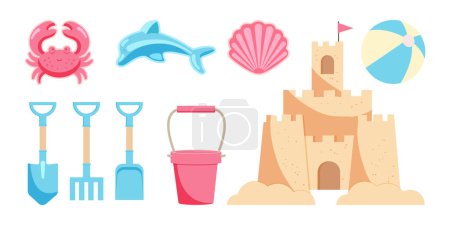 Set of children's toys for sandbox. Sand castle, bucket, shovel, molds for sand figures, beach ball.  Vector illustration