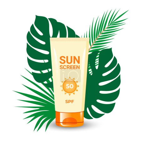 Sunscreen with tropical leaves. Cosmetic product with SPF for skin care for sun protection. Vector illustration on white background