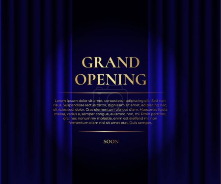 Feierliche Eröffnung. Luxus-Banner mit blauem Vorhang und goldenem Text. Vektorillustration