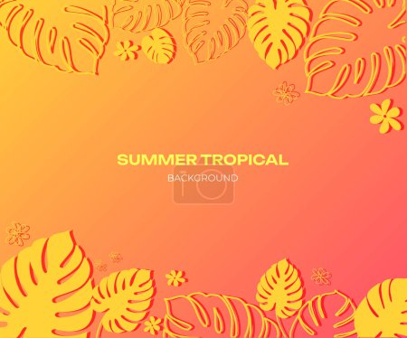 Ilustración de Banner de verano caliente, fondo degradado colorido con hojas de plantas tropicales. Ilustración vectorial - Imagen libre de derechos
