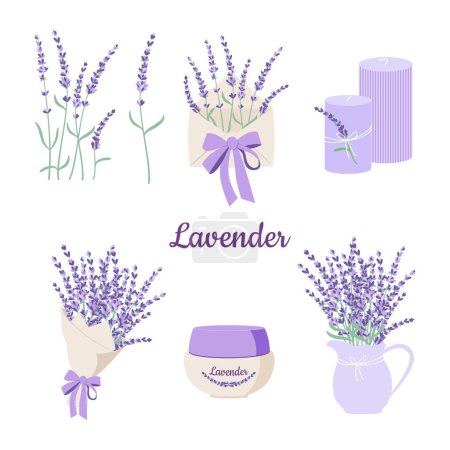 Lavender clipart set. Bouquet, branches, envelope, candles, flowers, cosmetics. Vector illustration isolated on white background