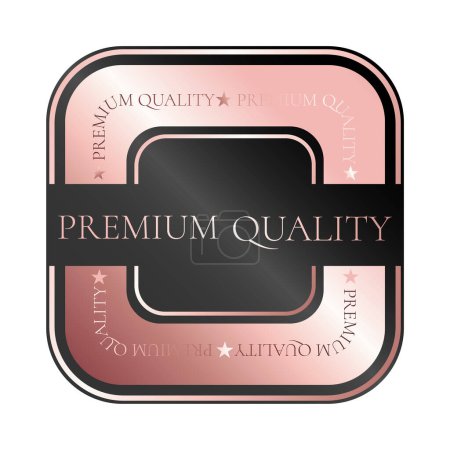 Producto de primera calidad. Pegatina cuadrada, etiqueta, insignia, icono y logotipo. Ilustración vectorial en color oro rosa