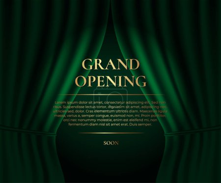 Ilustración de Gran inauguración. Banner de lujo con cortina verde y texto dorado. Ilustración vectorial - Imagen libre de derechos