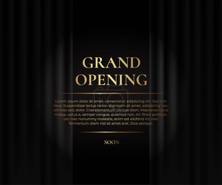 Ilustración de Gran inauguración. Banner de lujo con cortina negra y texto dorado. Ilustración vectorial - Imagen libre de derechos