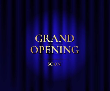 Ilustración de Gran inauguración. Banner de lujo con cortina azul y texto dorado. Ilustración vectorial - Imagen libre de derechos