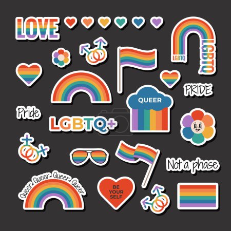 Set of LGBTQ sticker with rainbow flag elements, gender signs, pride month symbols, slogan and phrases. Gay parade celebration. Vector illustration