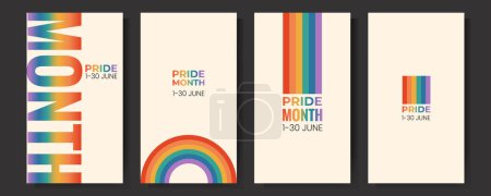 Set of LGBTQ pride month vertical banner, card, poster template with rainbow flag. Gay parade celebration. Vector illustration on beige background