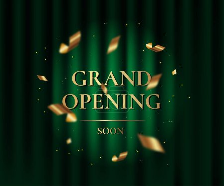 Green curtain with spotlight. Grand openning luxury banner witch golden text, foil confetti and glitter. Vector illustration