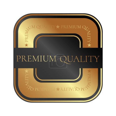 Premium quality product. Square sticker, label, badge, icon and logo. Vector illustration in gold color