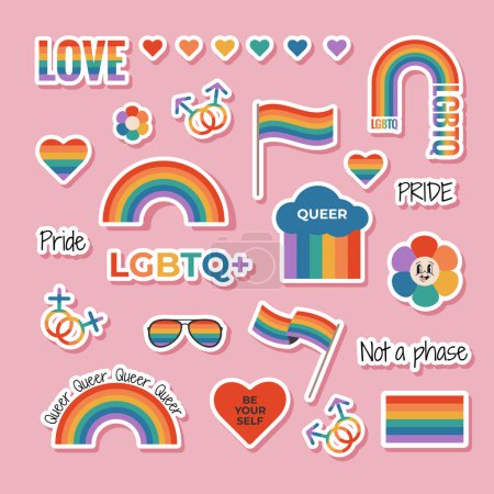 Set of LGBTQ sticker with rainbow flag elements, gender signs, pride month symbols, slogan and phrases. Gay parade celebration. Vector illustration