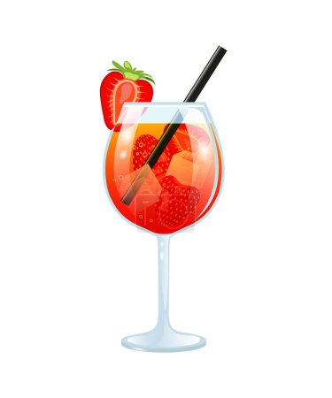 Strawberry cocktail. A glass with a drink, straw and berries. Summer drink. Lemonade with berry juice. Vector illustration isolated on white background