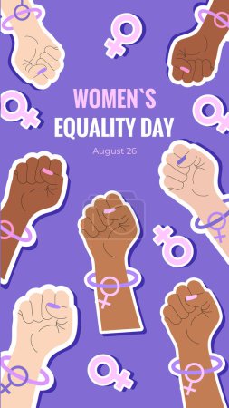 Women's Equality Day. August 26.  Banner, postcard, poster, background template with raised up fist, Venus sign and text inscription. Vector illustration