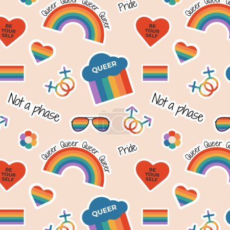 Seamless pattern with rainbow flag elements, gender signs, LGBTQ symbols, slogan and phrases
