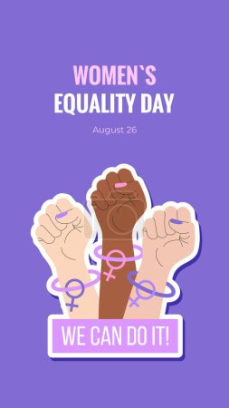 Women's Equality Day. August 26. Banner, postcard, poster, background template with raised up fist, Venus sign and text inscription. Vector illustration