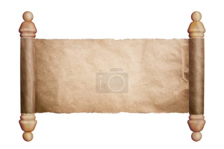 Photo for Vintage blank papyrus paper roll. Ancient recording, reading of the law, decrees. 3d rendering illustration isolated on white background with copy space. - Royalty Free Image