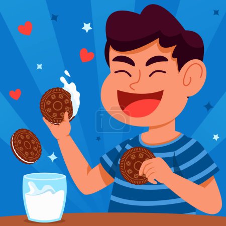 Illustration for Happy boy enjoying eat cookies dunk in glass of milk. - Royalty Free Image