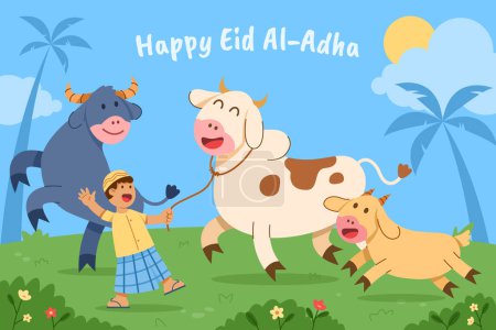 Niño feliz y animales de granja celebran eid al adha día.