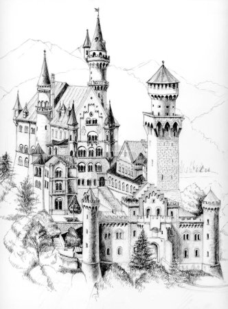 Neuschwanstein german castle freehand drawn with ballpoint pen
