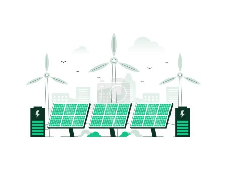 Illustration for Renewables energy and Renewable electric power station with solar panels and wind turbines. Clean electric energy from renewable sources sun and wind. Vector illustration with minimalist color. - Royalty Free Image