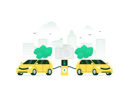 Electric vehicle charging with plugged socket. Green cars powered by alternative energy, emitting zero emissions. Vector illustration with minimalist color.