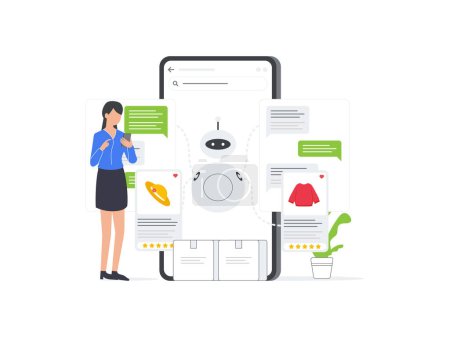 Flat vector illustration of Woman chatting with a chatbot on an eCommerce mobile platform. Simplified graphic depicting AI powered customer support.