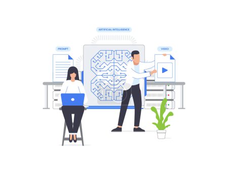 Flat cartoon vector illustration of a woman utilizing AI to create video content for social media. Empowering creativity with artificial intelligence