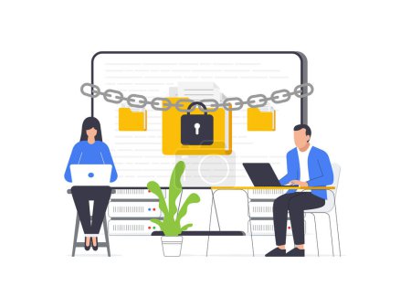 Illustration for A man and woman attempt to unlock a secure document folder on a computer, illustrating the concept of a ransomware attack. Flat design vector illustration. - Royalty Free Image
