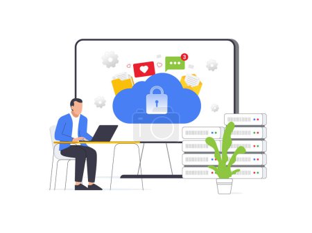Cybersecurity in cloud-based media management. Protecting data files and documents in digital folders during data transfers. Vector illustration of cloud storage icon.