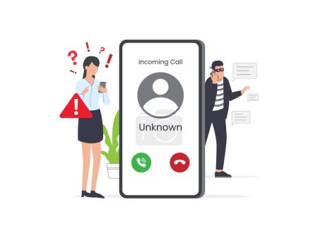 Illustration for Concept of Cheating, Pranks, or Scams. Fraud People Makes Suspicious Call from Unknown Number on Smartphone. Cartoon Flat Vector Illustration. - Royalty Free Image