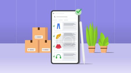 Online-Shopping. Produktliste zur mobilen E-Commerce-App. Vektor-Illustration mit lila Hintergrund.