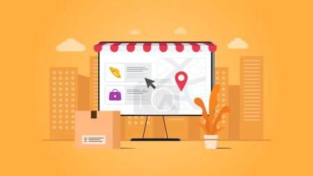 Online store. Showing product and location. Vector illustration with city orange background.