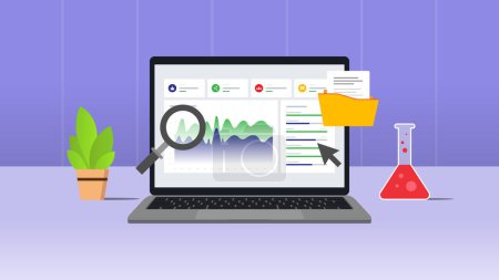 Datenvisualisierung der E-Commerce-Marktforschung auf dem Laptop. Vektor-Illustration mit lila Hintergrund