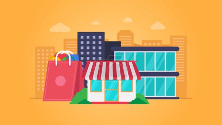 E-Commerce-Marktvektorillustration mit orangefarbener Hintergrundfarbe, Gebäude und Einkaufstasche